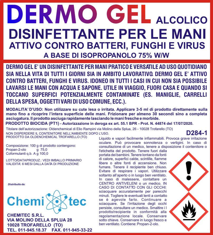 Dermo gel igienizzante disinfettante mani a base di Alcool al 75%