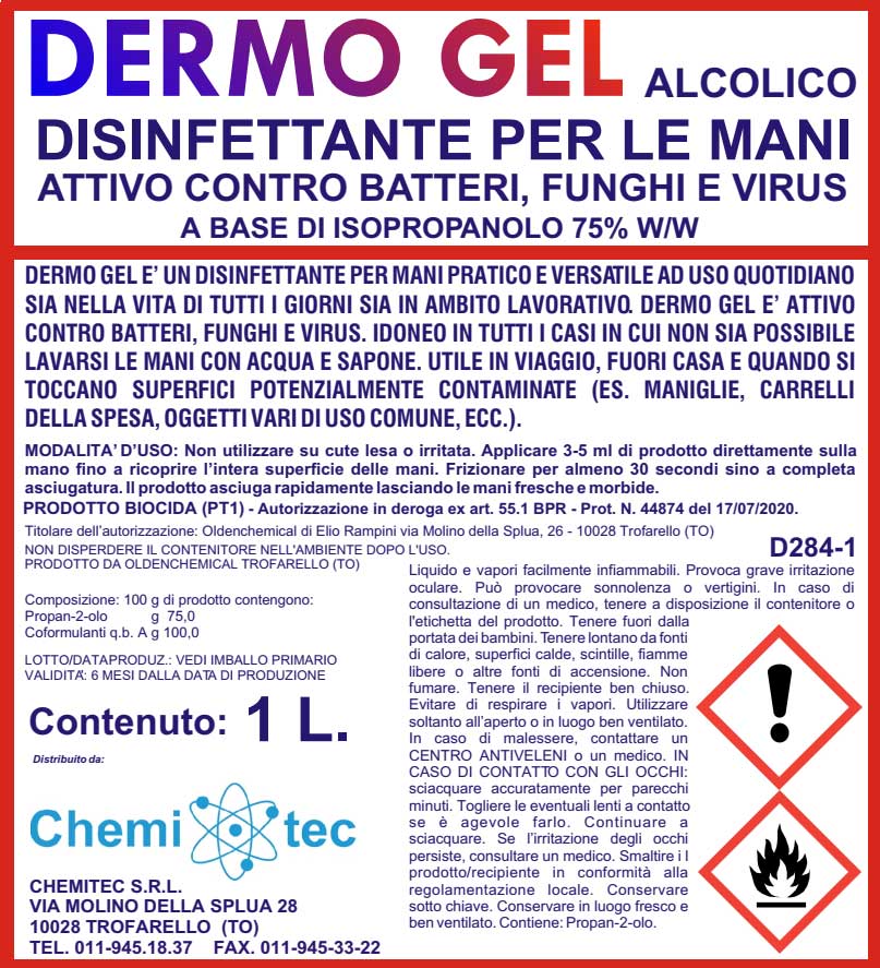 dermo gel disinfettante igienizzante alcolico 75